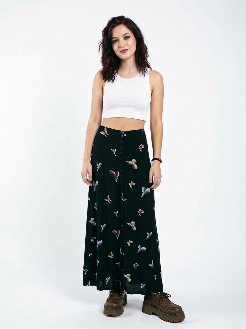 Vintage 90s E Z Town USA Butterfly Print Button Front Maxi Skirt S